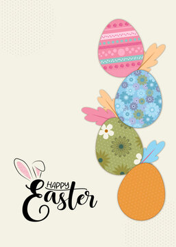 Happy Easter Greeting Card Template with Colorful Patterned Eggs and Feathers, Papercut Style Illustration with Copyspace for Text and Cute Bunny Ears Logo