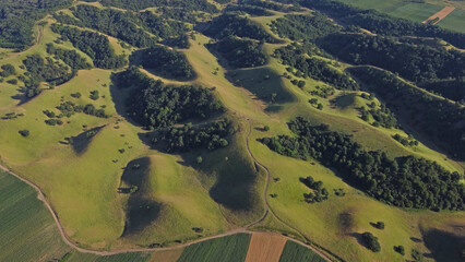 Naklejka premium Tranquil sunny summer landscape with green fields and hills in south-eastern Europe, Serbia.