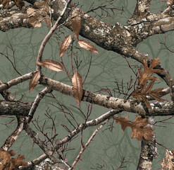 Fototapeta premium Realistic forest camouflage. Seamless pattern. Conifer tree, branches and leaves on sky blue background. Useable for hunting and military purposes. 