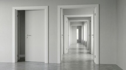 Fototapeta premium Minimalist interior featuring a series of white doors opening into a long bright hallway, perspective concept, modern architecture, clean space.