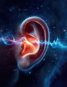Human ear, energy waves, glowing, anatomical