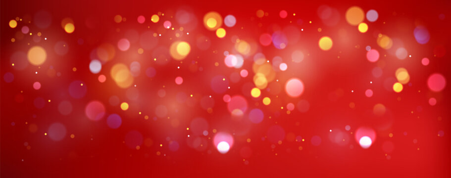 Abstract red gradient background with bokeh effect, geometric shapes, and sparkling light particles creating festive pattern atmosphere. Vector illustration.