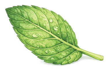 Single Mint Leaf with Water Droplets Watercolor Illustration Isolated on Transparent Background © nnteam