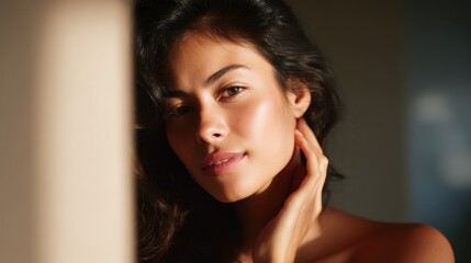 Fototapeta premium Close-up portrait of a young woman with long dark hair. she is looking directly at the camera with a slight smile on her face. her hair is styled in loose waves and falls over her shoulders.