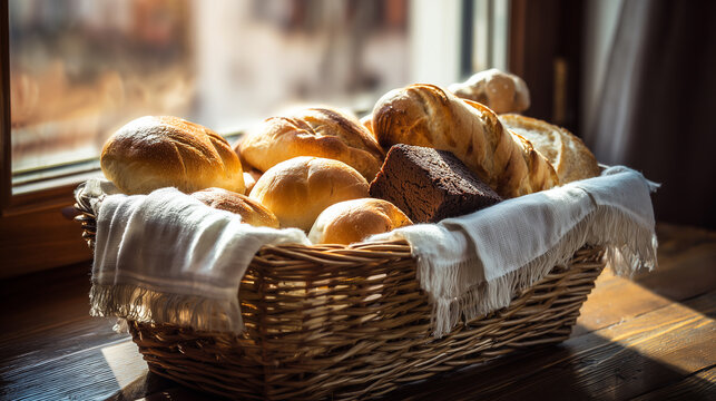 Fresh baked bread loaves in basket on rustic wooden surface