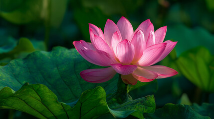 Obraz premium Beautiful pink lotus blossom floating on calm pond water