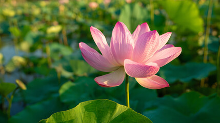 Obraz premium Fresh pink lotus flower with green leaves on pond surface