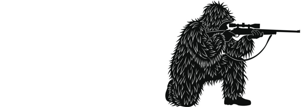 Vector Silhouette Illustration of a Sniper Wearing a Ghillie Suit for Camouflage While Aiming a Rifle During a Tactical Stealth Operation or Hunting Trip