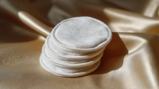 Stack of white cotton pads on a beige satin fabric. the pads are arranged in a circular pattern, with the topmost pad being the smallest and the bottommost being the largest.