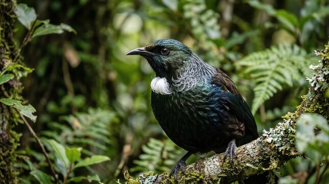 A tui bird with its distinctive white throat tuft perched on a branch in the woods, avian portrait, birdwatching experience, natural habitat, native wildlife.