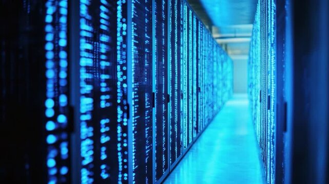 Rows of servers in a data center illuminated with blue light, creating an ambient glow