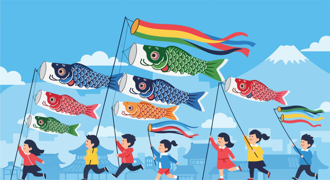Children celebrate with colorful carp streamers flying against a blue sky