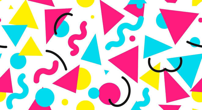Vibrant geometric pattern with colorful shapes and swirls on white background