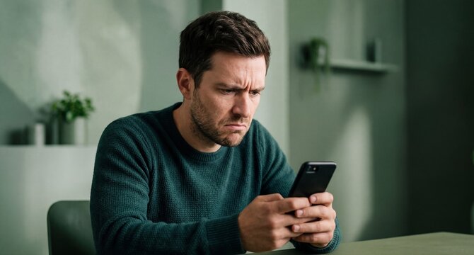Man frowning at phone screen while sitting at a table indoors  