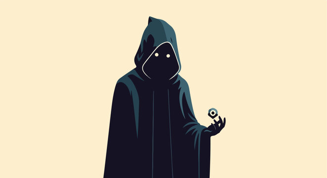 Mysterious cloaked figure holds an orb with an eye, minimalist art