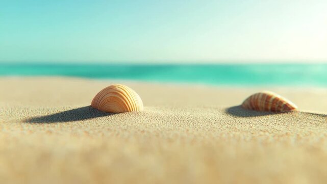 Two seashells cast long shadows on grainy sand, backdrop of turquoise ocean and a clear sky
