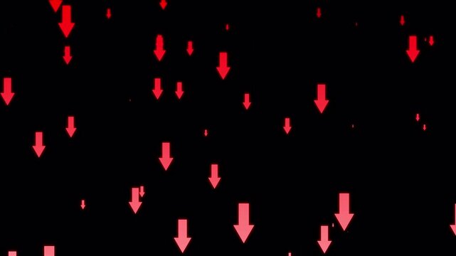 Abstract animation of numerous red downward-pointing arrows falling against a solid black background, symbolizing decline, download, or negative trends in data and finance