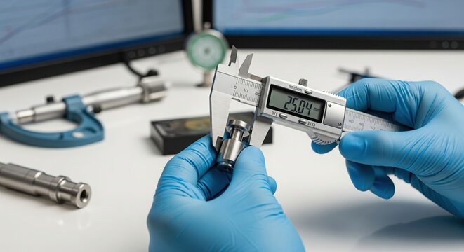 Quality control logistics manufacturer, technician measuring precision machined steel part with digital caliper highlighting inspection accuracy engineering standards and industrial reliability