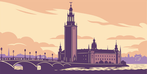Naklejka premium Stockholm Sweden Sunset Cityscape with Historic Skyline
