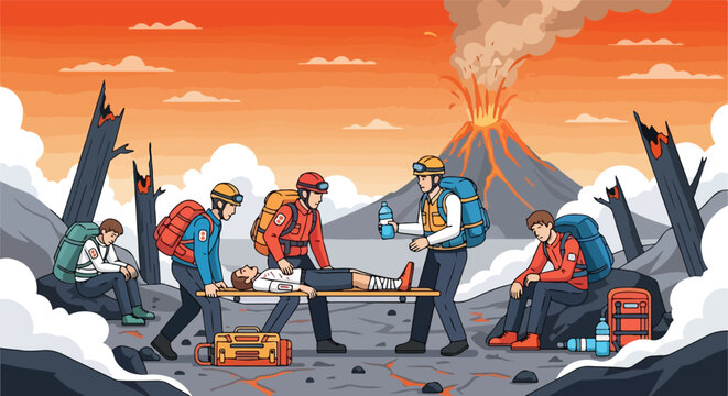 Rescue team evacuates injured person from volcanic eruption disaster scene