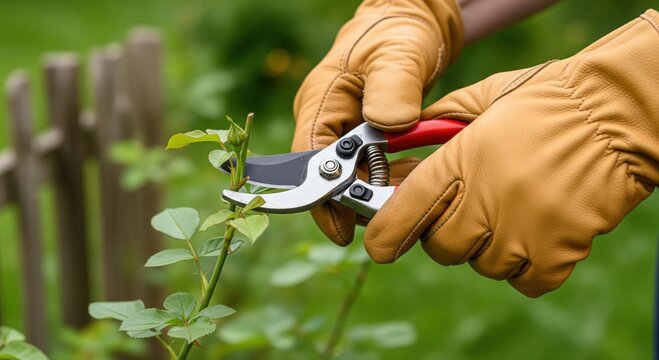Spring garden care pruning with gloved female hands using sharp bypass secateurs to cut rose bush stem above bud eye, precise seasonal plant maintenance showing nurturing home gardening skills