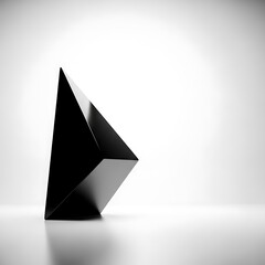 Fototapeta premium A sharp, glossy black geometric form sits against a soft white gradient background, reflecting on a smooth surface