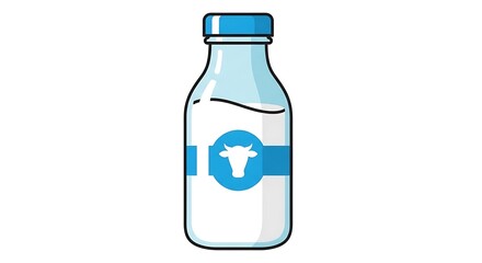 Obraz premium A simple cartoon depiction of a glass milk bottle. The bottle is cylindrical with a white liquid inside, topped with a blue cap