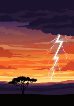 Dramatic vector illustration of a lightning strike over an African savanna landscape at sunset with a lone acacia tree, s6