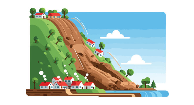 A landslide cascades down a steep hill, engulfing houses and trees near a body of water