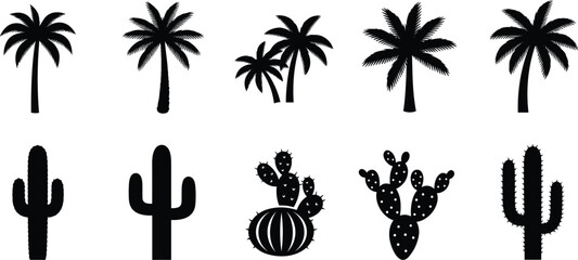 Vector Silhouette Set of Tropical Palm Trees and Desert Cactus Varieties Including Saguaro and Prickly Pear for Summer Vacation Design © NR