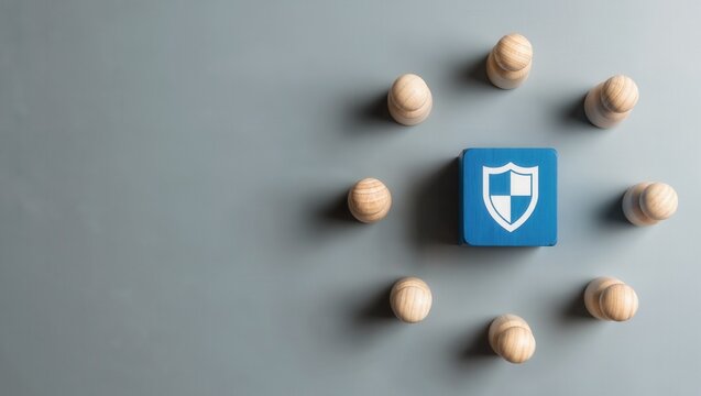 Blue shield icon block surrounded by wooden figures on grey surface for data protection and security insurance concept