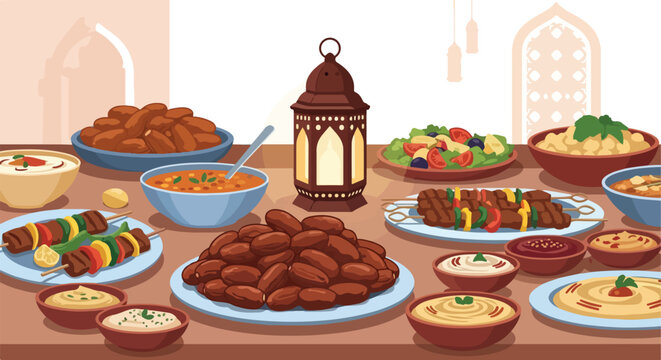 A festive table laden with dates, kebabs, dips, and a traditional lantern