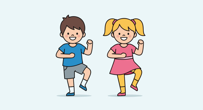 Two cartoon children, a boy and a girl, are happily dancing in unison