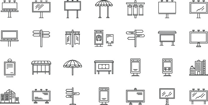 Outdoor Advertising and Signage Line Icon Vector Set with Billboards, Direction Signs, Stands and Street Display Elements