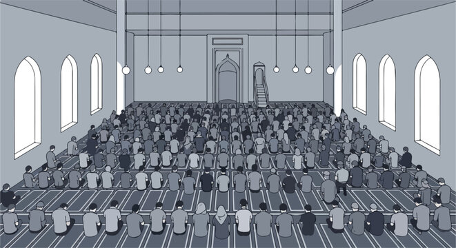 A stylized illustration depicts a large gathering of people seated on prayer mats inside a mosque