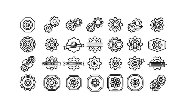 Black Gear Icons and Vintage Badge Templates &ndash; Mechanical Cogwheel Outline Set