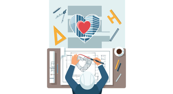 Architect designing a heart-shaped building blueprint with drafting tools