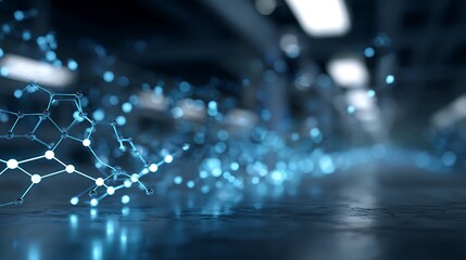 Fototapeta premium Elegant futuristic healthcare background with molecular grids and glowing medical data floating above a laboratory platform.