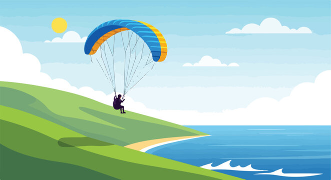 Flat illustration of a person paragliding near a green hill and blue ocean