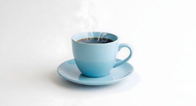 Light blue ceramic coffee cup with a matching saucer filled with steaming hot black coffee isolated on a plain white background surface