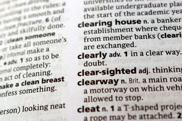 Fototapeta premium English Dictionary Page Close Up With The Word Transcription Of -clearly