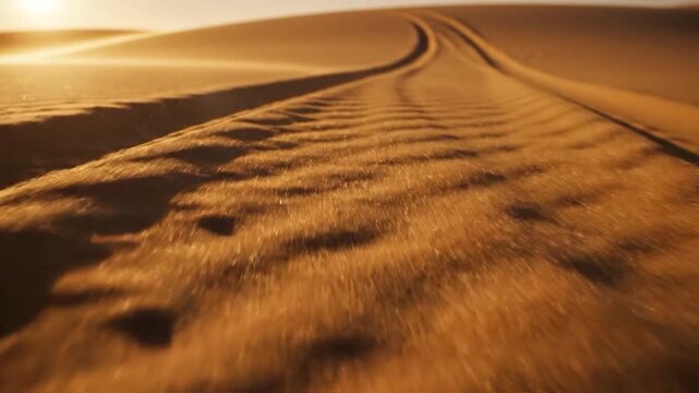 Golden sand dunes stretch endlessly under a warm sunset sky with distinct