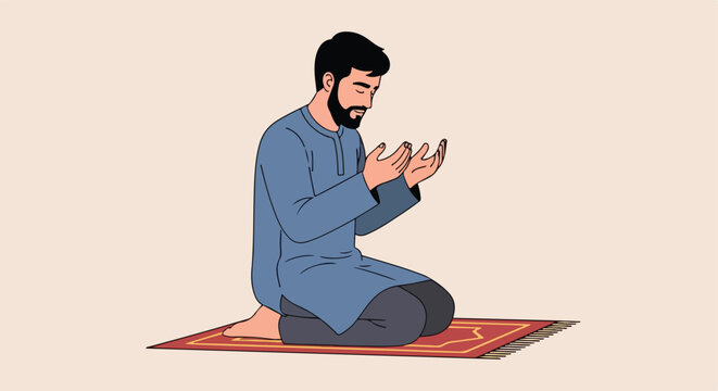Man in traditional clothing kneeling on a rug, praying with hands raised in supplication