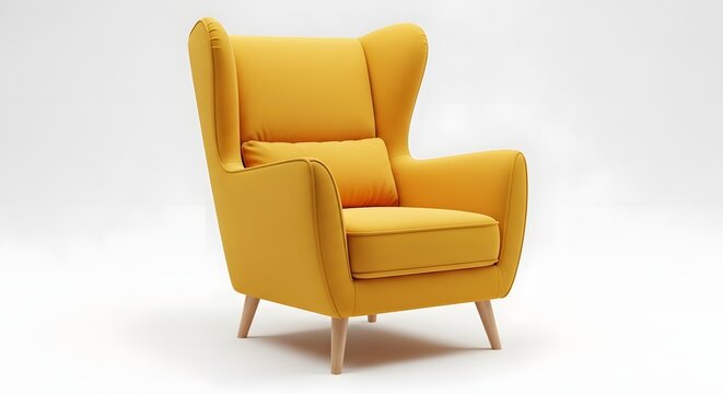 Bright yellow wingback armchair with a matching lumbar pillow and light wooden tapered legs isolated on a plain white studio background