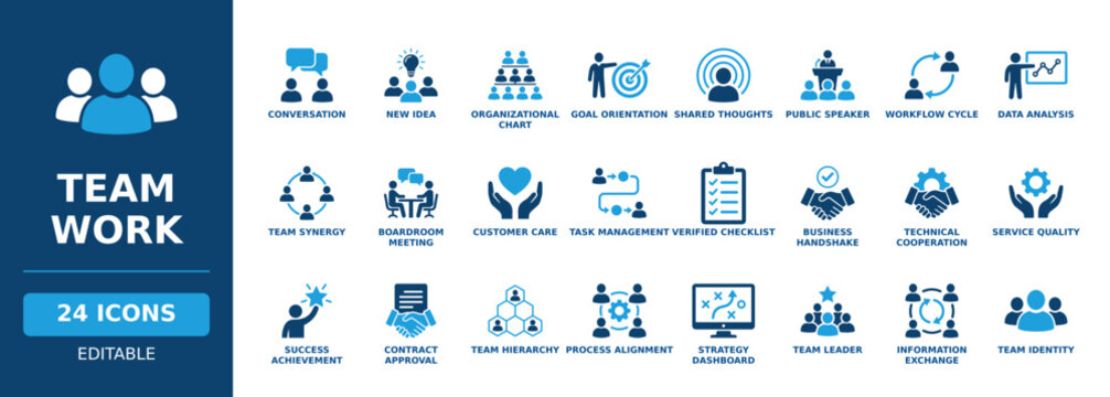 Team work solid vector glyph icon set featuring business conversation, organizational chart, goal orientation, workflow cycle, boardroom meeting, team leader, and task management symbols.