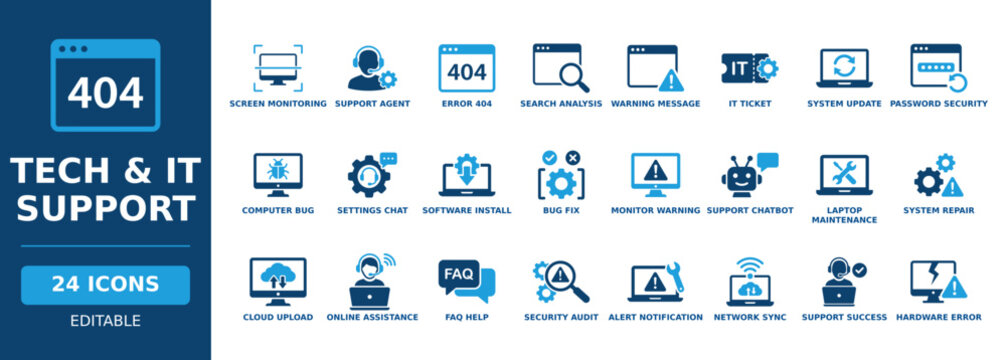 Tech and IT support solid vector glyph icon set with customer service agent, system update, computer bug, security audit, laptop maintenance, help desk, and software installation symbols.