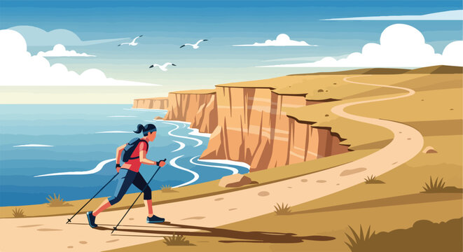 Woman Nordic walking along a coastal path with cliffs and ocean views