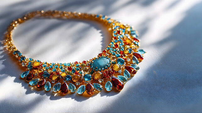 Vibrant beaded necklace with turquoise amber and ruby jewels on white fabric background with shadows