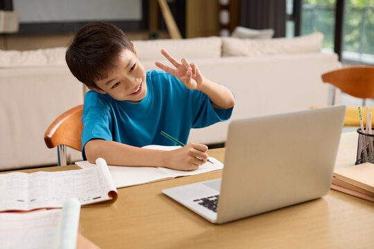 Boy attending an online lesson at home