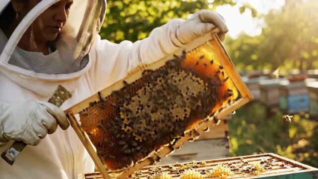 Female beekeeper in protective gear inspects honeycomb frame filled with bees and honey, surrounded by beehives in a sunlit outdoor apiary setting